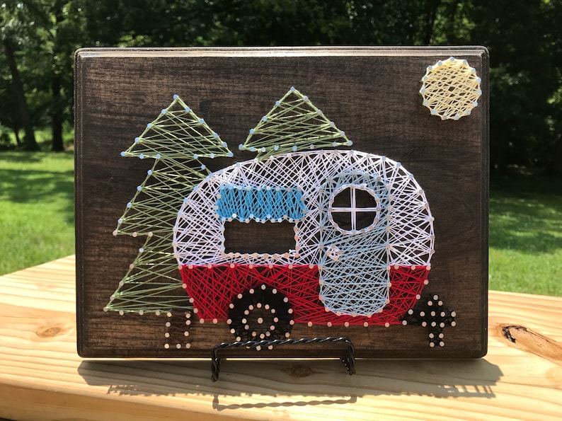 Vintage Red Retro Camper Sign, Retro Red RV Sign, RV Decor, Camper w/Trees Moon Wood Sign, String Art, Rv Decor, RV Sign, Retro Rv Sign image 1
