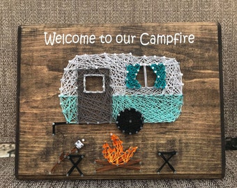 Welcome to our Campfire with Marshmallow's String Art, Vintage Camper Decor, RV Decor, Campfire Decor, Campsite Signs, Marshmallows Decor