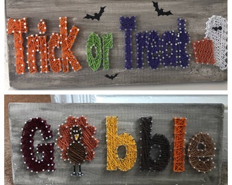 Double Sided Trick or Treat and Gobble String art, Halloween Decor, Thanksgiving Decor, Holiday Decorating, Holiday String Art Gobble String