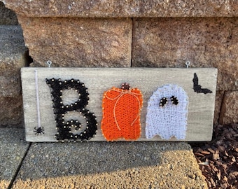 Letrero de Halloween Boo, letrero de BOO espeluznante, letrero de madera Boo con calabaza y fantasma, arte de cuerdas de Halloween, decoración navideña, decoración espeluznante, letrero espeluznante