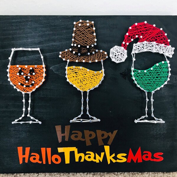 Happy Hallo-Thanks-Mas Decor, Halloween Wine Decor, Pilgrim String Art, Thanksgiving Decor,  Pumpkin Decor, Wine Decor, Christmas Decor
