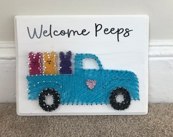 Handmade Welcome Peeps in Blue Truck String Art, Easter String Art, Spring String Art, Easter Decor, Holiday String Art, Spring Decor