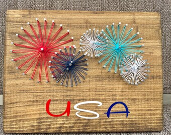 Made to Order: Fireworks Decor,  Patriotic  Decor, Red White and Blue Sign, USA Decor, July 4th Decor, Fireworks String Art, Holiday Decor