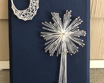 Placa de madera con palmera y luna creciente de Carolina del Sur, arte con hilos, logotipo de Carolina del Sur. Decoración con palmeras, decoración de Carolina del Sur.