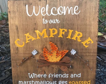 Welcome to our Campfire with Marshmallow's String Art, Vintage Camper Decor, RV Decor, Campfire Decor, Campsite Signs, Marshmallows Decor