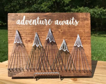 Adventure Awaits  Sign, Mountains Decor, Camping Decor, Mountains Sign, Snow Capped Mountains, Mountain String Art,  Camping RV Decor