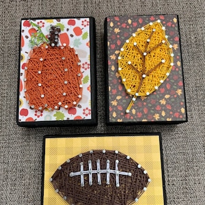 Set of 3 Fall Wood Blocks w/ Pumpkin, Football and Leaf String Art, Fall String Art, Fall Decor, Pumpkin String Art, Football Decor,