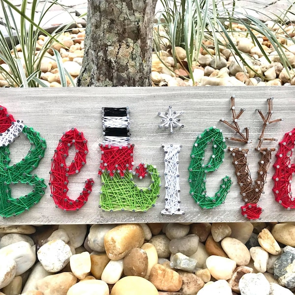 Believe Christmas Sign w/ Reindeer Ears, Elf Shoe and Santa Hat String Art,  Believe Decor, Christmas String Art, Inspirational Gift,