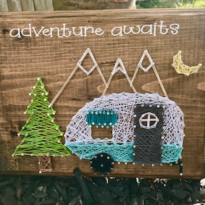 Adventure Awaits, Vintage Blue Camper Decor, Retro Camper Decor, Evergreen Trees, Moon, Mountains Decor, RV Decor,  Camping, Camping Decor,