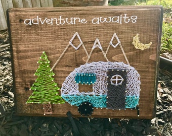 Adventure Awaits, Vintage Blue Camper Decor, Retro Camper Decor, Evergreen Trees, Moon, Mountains Decor, RV Decor,  Camping, Camping Decor,