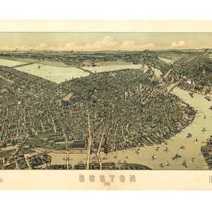 May include: An antique bird's-eye view map of Boston, Massachusetts, from 1883. The map shows the city's streets, buildings, and waterways. The map is printed in shades of brown, green, and blue.