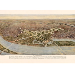 May include: An aerial view of Washington, D.C. with the Potomac River and the National Mall in the foreground. The city is laid out in a grid pattern with many buildings and monuments visible. The text "The Ultimate Washington" is printed at the bottom of the image.