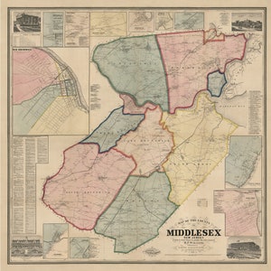 May include: An antique map of Middlesex County, New Jersey, showing the towns and townships within the county. The map is printed in black and white with colored borders for each town. The map is titled "Map of the County of Middlesex, New Jersey, from actual surveys and records of the County Surveyor, H.F. Wallar, C.E."