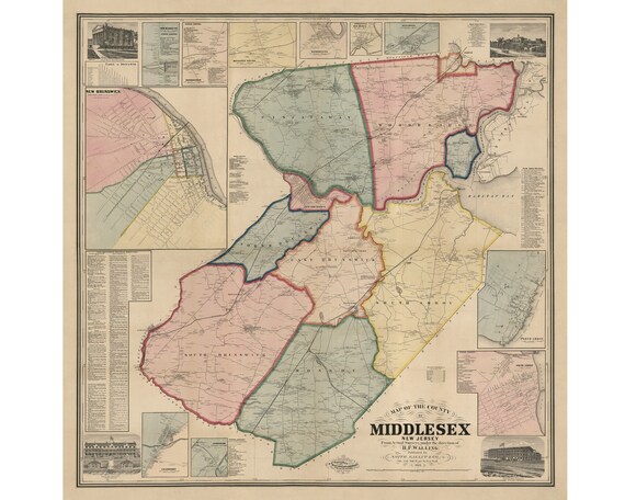 Middlesex County New Jersey Vintage Map 1861 - Etsy