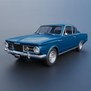 Könnte beinhalten: Ein blaues Vintage-Coupé mit zwei Türen, verchromter vorderer Stoßstange, runden Scheinwerfern und silbernen Rädern. Das Fahrzeug zeigt ein schwarzes Nummernschild mit dem Text COACHBUILDER und dem Wort Barracuda auf dem Seitenteil.