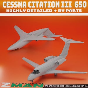 Könnte beinhalten: Zwei detaillierte Modellflugzeuge einer Cessna Citation III 650, mit dem Text "CESSNA CITATION III 650 HIGHLY DETAILED + BY PARTS" oben. Die Modelle sind hellgrau vor einem orangefarbenen Hintergrund. In der unteren rechten Ecke steht der Text "ZMAN DEVELOPERS FOR SCALES: 1:200, 1:144, 1:100, 1:64, 1:72, 1:32, 1:87, 1:56".
