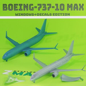 May include: Two model aeroplanes, one light green and one grey, are displayed against a bright green background. The text "BOEING-737-10 MAX WINDOWS+DECALS EDITION" is at the top. Additional aeroplane parts are visible.