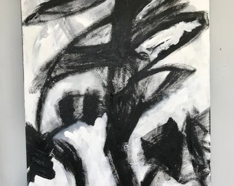 May include: Abstract black and white painting with bold brushstrokes. The artwork features a central, dark, tree-like form against a white background. The painting has a modern, expressive style, with visible texture and movement.