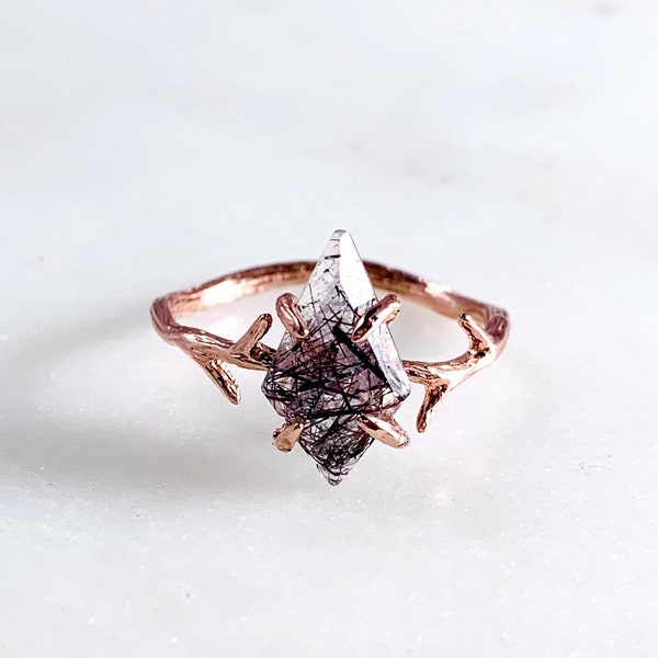 Rose Gold Twig Ring with Black Rutilated Quartz Kite | Dainty Delicate Vine Branch Ring | Tourmalinated Quartz Gemstone | Witchy Ring