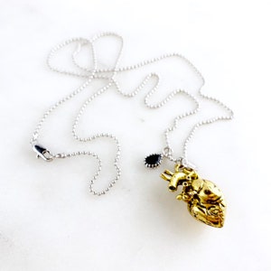Gold Anatomical Heart Necklace with Black Art Nouveau Drop Pendant | Rhodium Plated Ball Chain | Valentine&#39;s Day Gift