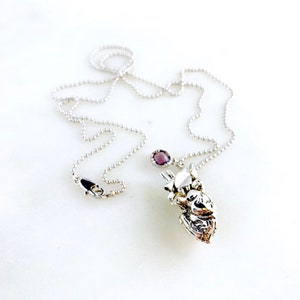Silver Anatomical Heart Necklace with Amethyst Art Deco Pendant | Rhodium Plated Ball Chain | Valentine&#39;s Day Gift