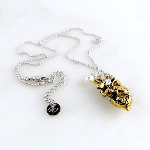 Gold Anatomical Heart Necklace with Freshwater Pearl | Rhodium Plated Ball Chain | Valentine&#39;s Day Gift