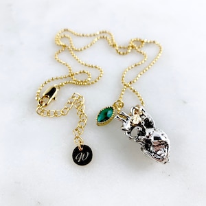 Silver Anatomical Heart Necklace with Emerald Art Nouveau Pendant | 16K Gold Plated Ball Chain | Valentine&#39;s Day Gift