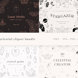 May include: A set of four celestial-themed clipart bundles featuring hand-drawn illustrations of moths, crystals, stars, and hands. The bundles are titled "Lunar Moths", "Star Gazer", "Crystal Gems", and "Celestial Creator".