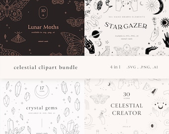 May include: A set of four celestial-themed clipart bundles featuring hand-drawn illustrations of moths, crystals, stars, and hands. The bundles are titled "Lunar Moths", "Star Gazer", "Crystal Gems", and "Celestial Creator".