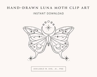 Celestial Luna Moth Butterfly SVG Clipart for Cricut, Boho Witch Minimal Tattoo Hand Drawn Astrology Zodiac Mystic Instant Digital Download