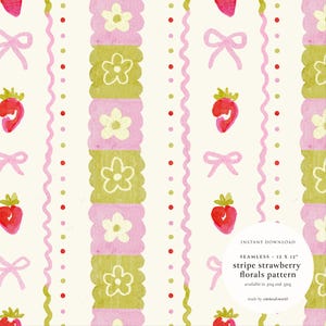 May include: A seamless pattern featuring pink and green stripes, white flowers, red strawberries, and pink bows on a white background. The pattern is 12 inches by 12 inches and is available in PNG and JPG formats.