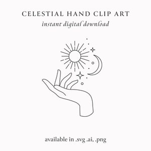 Puede incluir: Ilustración de línea de una mano sosteniendo un sol, una luna y estrellas. La imagen es en blanco y negro y tiene un tema celestial. Disponible en formatos .svg, .ai y .png.