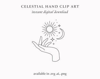 Minimal Celestial Hand Tattoo Vector Clip Art, Lunar Stars Zodiac SVG Cricut Illustration, Instant Digital Download,