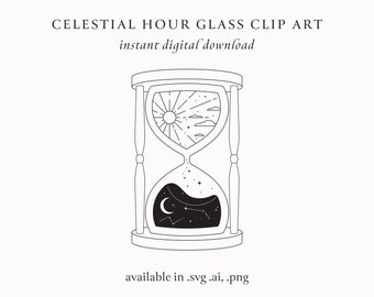 Hourglass SVG Clipart, Celestial Moon & Sun Icon Vector Art, Moon Logo Design, Digital Paper Pattern Download, Boho Witch Design,