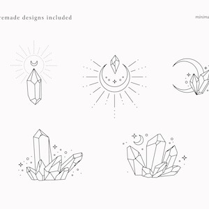 Puede incluir: Cinco dise&ntilde;os minimalistas de arte lineal con cristales y elementos celestiales. Los dise&ntilde;os incluyen un cristal con una luna creciente por encima, un sol con un cristal en su interior, una luna creciente con un cristal y dos arreglos diferentes de cristales con una luna creciente y estrellas.