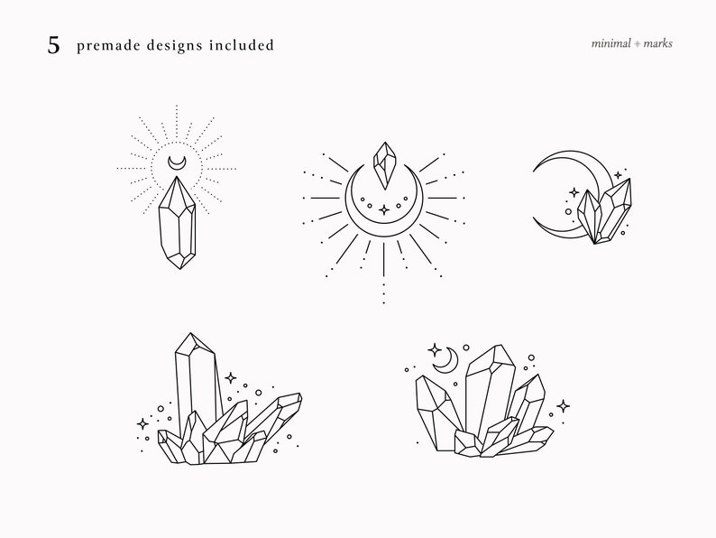 Puede incluir: Cinco dise&ntilde;os minimalistas de arte lineal con cristales y elementos celestiales. Los dise&ntilde;os incluyen un cristal con una luna creciente por encima, un sol con un cristal en su interior, una luna creciente con un cristal y dos arreglos diferentes de cristales con una luna creciente y estrellas.