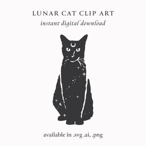 Katze Halbmond SVG, handgezeichnete schwarze Katze Clip Art, witchy Boho Katze mit Mond Cricut Logo Design File, Halloween Tattoo,