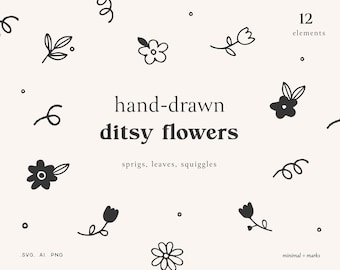 Könnte beinhalten: Ein Set mit 12 handgezeichneten, dezenten Blumenillustrationen, darunter Zweige, Blätter und Schnörkel. Die Illustrationen sind in Schwarzweiß gehalten und haben einen minimalistischen Stil.