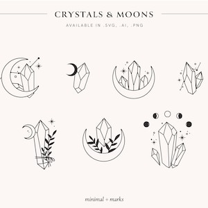 Puede incluir: Un conjunto de ilustraciones minimalistas de arte de línea que presentan cristales y lunas. Las ilustraciones son en blanco y negro y tienen un tema celestial.