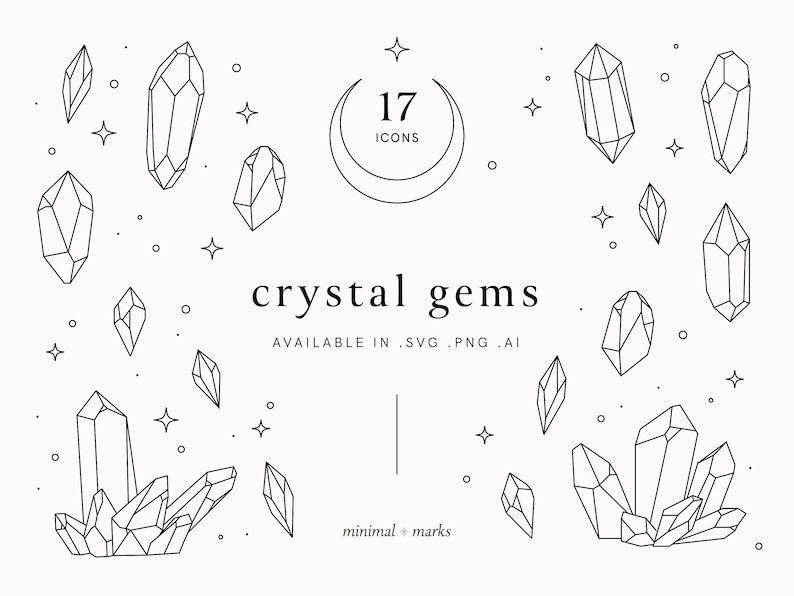 Puede incluir: Un conjunto de 17 ilustraciones minimalistas de arte de l&iacute;nea de gemas de cristal y estrellas. Las ilustraciones est&aacute;n disponibles en formatos SVG, PNG y AI. El texto "crystal gems" y "minimal + marks" tambi&eacute;n se incluye en la imagen.