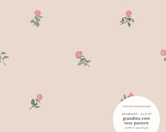 Patrón de rosa dibujado a mano sin costuras, papel digital de tela Cottage Core Grandma, papel tapiz floral con patrón de repetición mínima