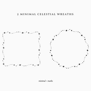 Peut inclure: Deux couronnes célestes minimalistes, l'une carrée et l'autre ronde, composées de petites étoiles. Le texte "2 Minimal Celestial Wreaths" est au-dessus des couronnes et le texte "minimal + marks" est en dessous des couronnes.