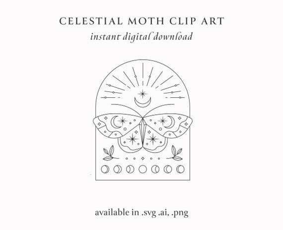 Celestial Moth Butterly Botanical Clip Art, Moon Phase Cricut .SVG .AI .PNG, Digital Paper Pattern, Lunar Boho Witch Mid Century Bohemian,