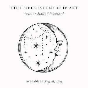 Clipart de estrela de lua crescente desenhado à mão, clipart místico lunar celestial, design de logotipo de tatuagem mística, download digital instantâneo para Cricut,