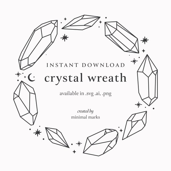 Crystal Gemstone Wreath SVG, Celestial Cricut Wedding Invitation Magical Clipart Commercial Free File, Crystal T-Shirt Logo Design,