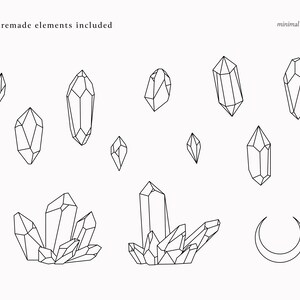 Puede incluir: Un conjunto de 12 dibujos en blanco y negro de cristales y una luna creciente. Los dibujos son simples y minimalistas, con un enfoque en las formas geom&eacute;tricas de los cristales. "minimal + marks" est&aacute; escrito en la esquina superior derecha de la imagen.