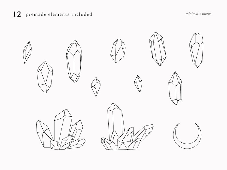 Puede incluir: Un conjunto de 12 dibujos en blanco y negro de cristales y una luna creciente. Los dibujos son simples y minimalistas, con un enfoque en las formas geom&eacute;tricas de los cristales. "minimal + marks" est&aacute; escrito en la esquina superior derecha de la imagen.