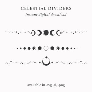 May include: Black and white digital download featuring celestial dividers. The design includes crescent moons, stars, and dots arranged in horizontal lines. Text at the top reads "CELESTIAL DIVIDERS" and "instant digital download".