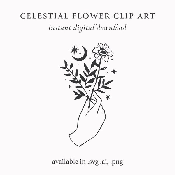 Hand Drawn Celestial Floral and Botanical Clip Art, Flower Sprig Mystical Clip Art, Pre-made Logo Design,