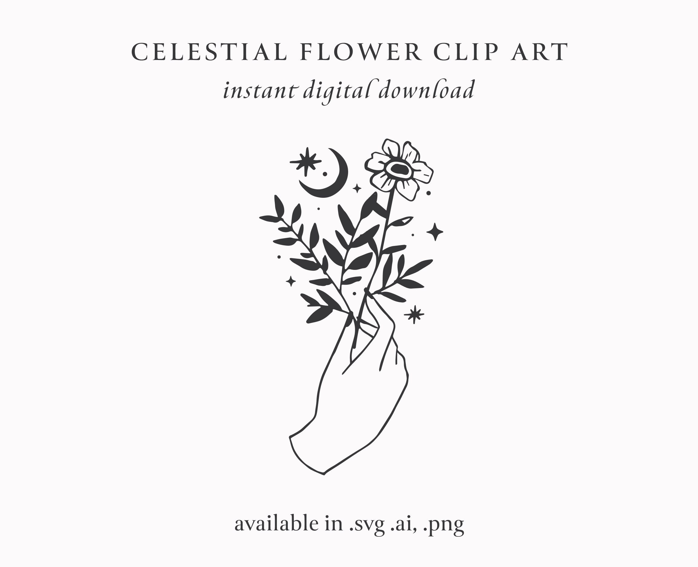 Hand Drawn Celestial Floral and Botanical Clip Art, Flower Sprig Mystical Clip Art, Pre-made Logo Design,